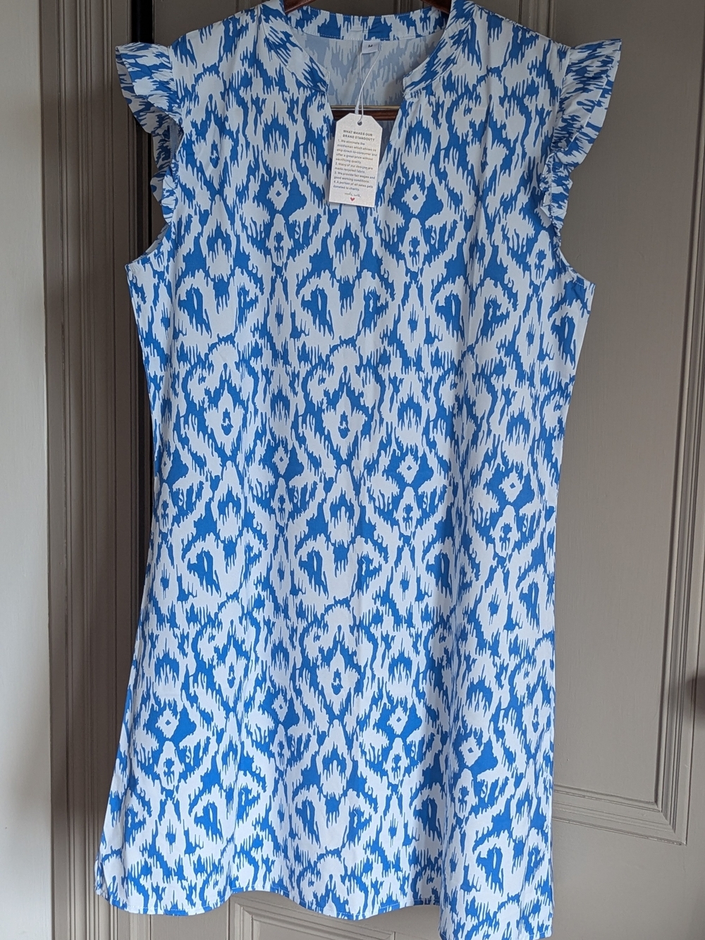 Blue and White Ikat Mini Dress with Flutter Sleeves